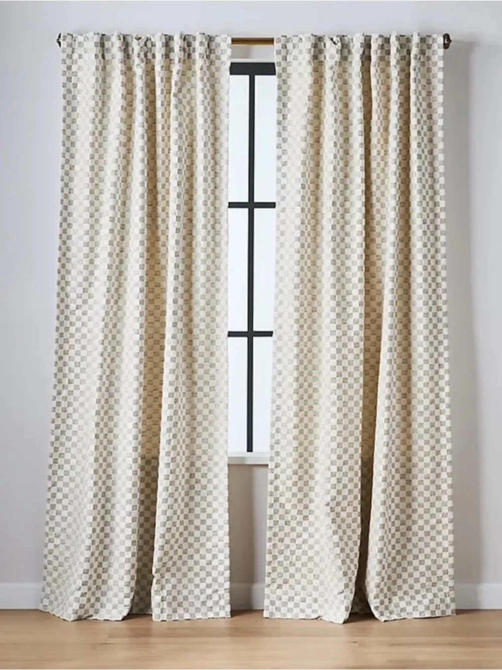 Anthropologie Carmine Woven Checkered Curtain Panel Neutral 50x63 inches